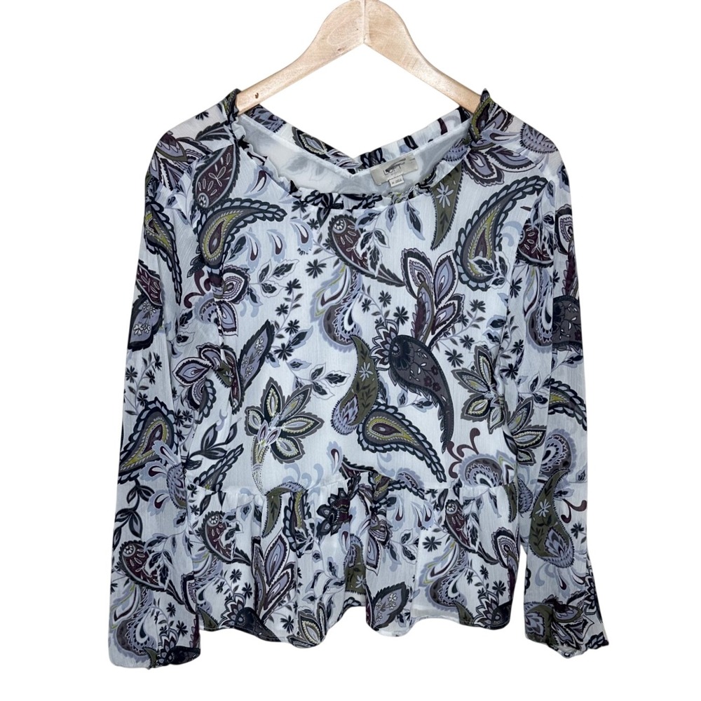 Loft Paisley Print Office Wear Long Sleeve Blouse size Medium White/Green